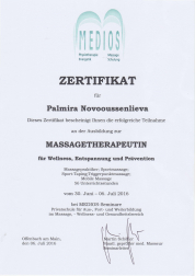 Zertifikat Massagetherapeutin Palmira Novooussenlieva